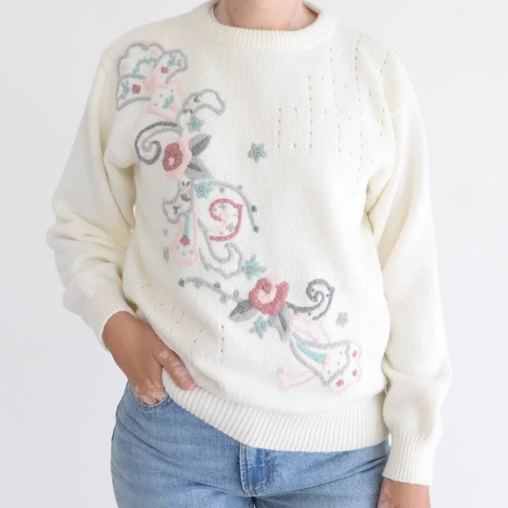 Vintage Alfred Dunner Cream Floral Botanical Garden Bouquet Sweater L
